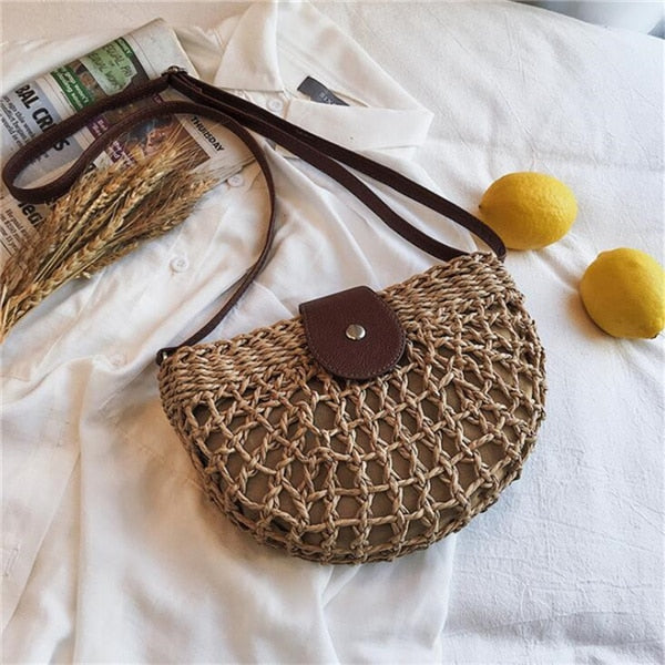 New Summer Rattan Bags Women Saddle Straw Shoulder Bag Handmade Crossbody Bag Lady Handbags Woven Bohemia Clutch 2022