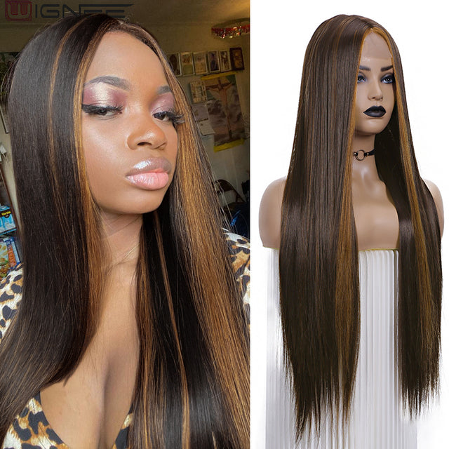 Long Straight Wig 30 Inch Black Wig Middle Part Lace Wigs With HighLights Synthetic Hair Wigs