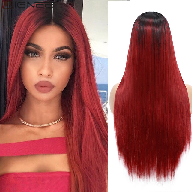 Long Straight Wig 30 Inch Black Wig Middle Part Lace Wigs With HighLights Synthetic Hair Wigs