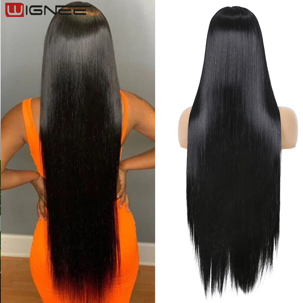 Long Straight Wig 30 Inch Black Wig Middle Part Lace Wigs With HighLights Synthetic Hair Wigs