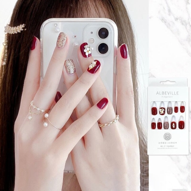 Designs acrylic for nail Imitation Pearl Lace Bowknot press on nails Charming Pre Design fake nails with glue