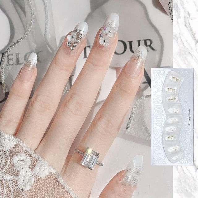 Designs acrylic for nail Imitation Pearl Lace Bowknot press on nails Charming Pre Design fake nails with glue