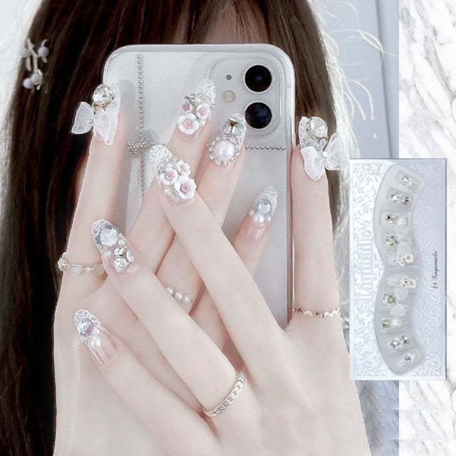 Designs acrylic for nail Imitation Pearl Lace Bowknot press on nails Charming Pre Design fake nails with glue