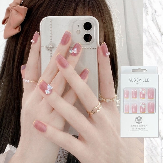 Designs acrylic for nail Imitation Pearl Lace Bowknot press on nails Charming Pre Design fake nails with glue