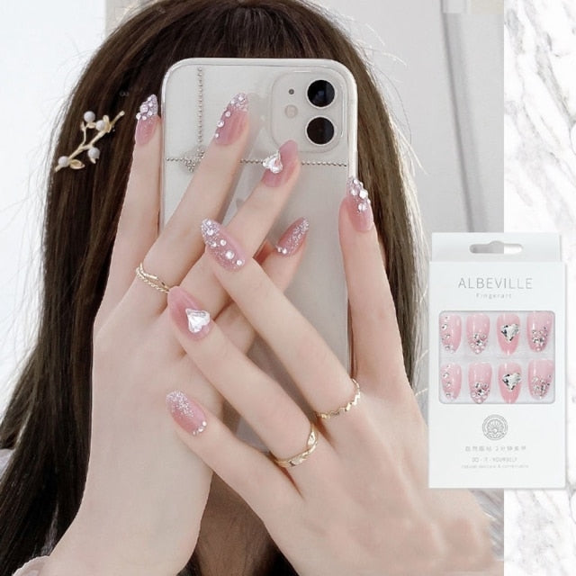 Designs acrylic for nail Imitation Pearl Lace Bowknot press on nails Charming Pre Design fake nails with glue