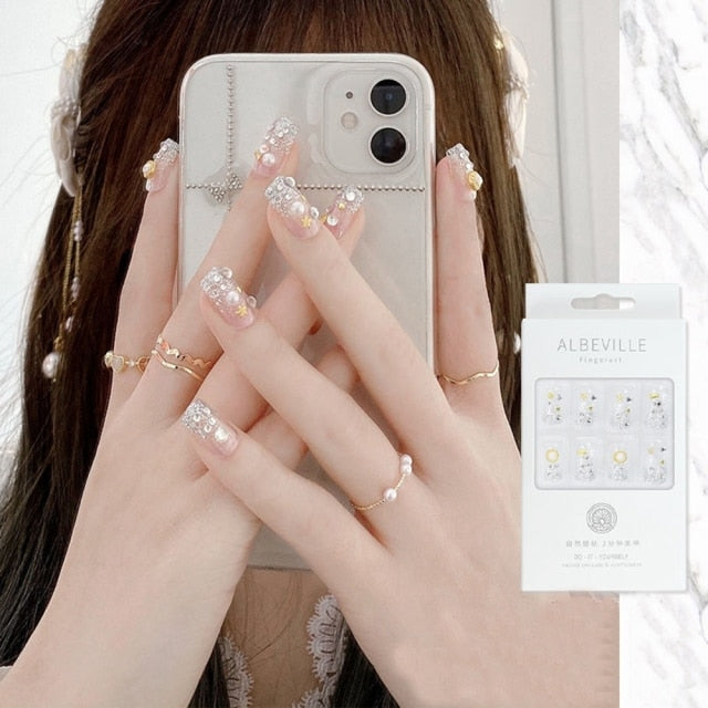 Designs acrylic for nail Imitation Pearl Lace Bowknot press on nails Charming Pre Design fake nails with glue