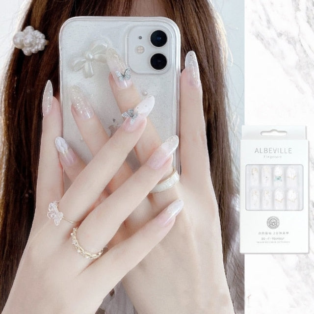 Designs acrylic for nail Imitation Pearl Lace Bowknot press on nails Charming Pre Design fake nails with glue