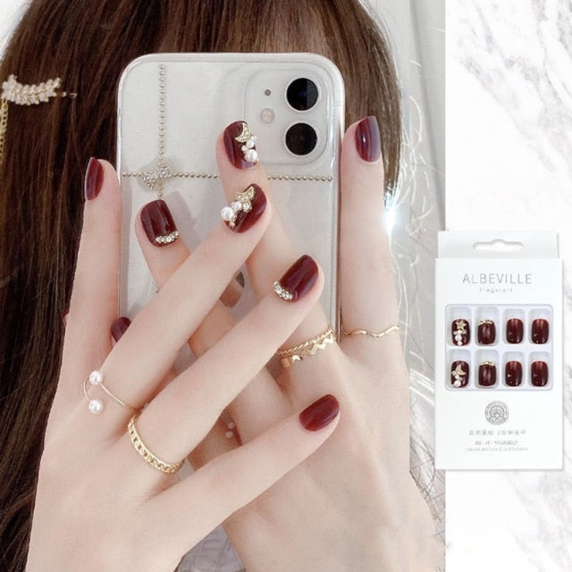 Designs acrylic for nail Imitation Pearl Lace Bowknot press on nails Charming Pre Design fake nails with glue