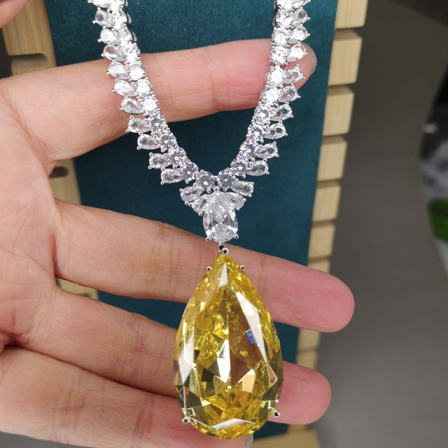 Citrine Moissanite Diamond Tennis Chain Necklaces & Earrings Jewelry Sets with Big Yellow Stone
