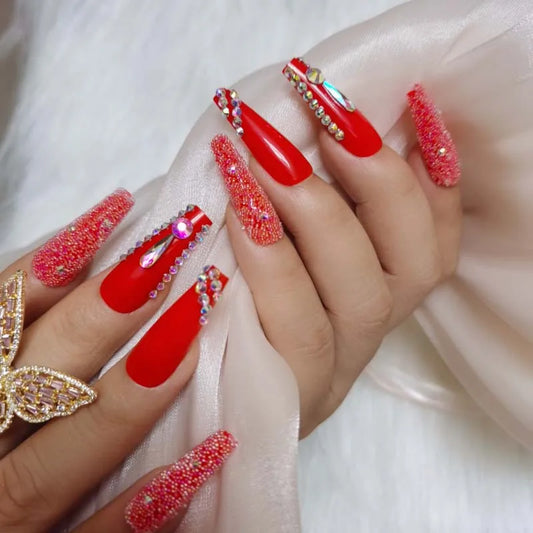 24pcs New design luxury jewelry long ballet coffin fake nails crystal diamond High-end red-1