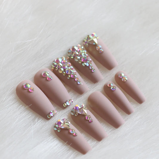 24pcs latest candy long ballet handmade crystal diamond Matte fake nails sexy brown