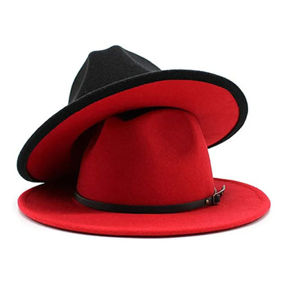 Elegant Wide Brim Women&#39;s Floppy Panama Hat Belt Buckle Wool Fedora Hat Men Jazz Hat Winter Spring RED/BLACK NEW ARRIVAL