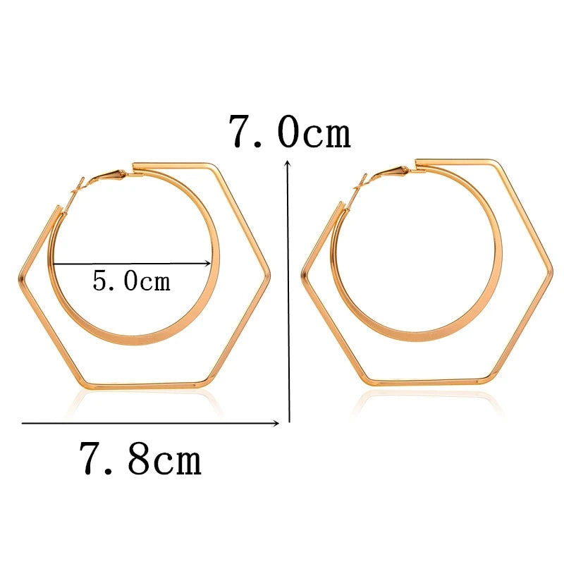 Big Hexagon Round Hoop Earrings