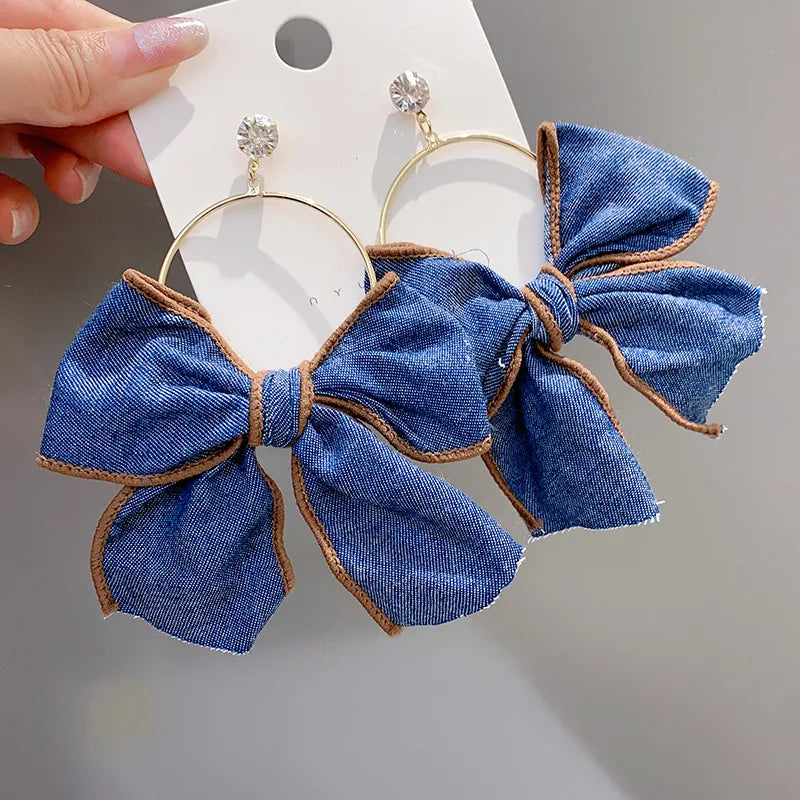 Elegant Women Fashion Crystal Denim Bow Earrings