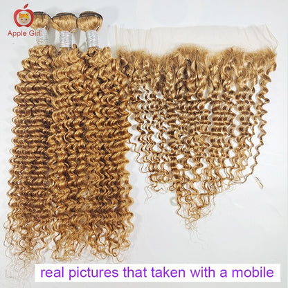 Honey Blonde Deep Wave Bundles With Frontal #27 Color Transparent Lace Frontal With Hair Bundles Brazilian Remy Hair