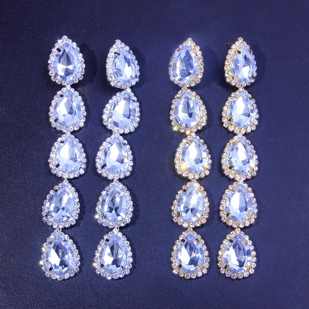 Rhinestone Long Dangle Earrings Crystal Water Drop Pendant Earrings