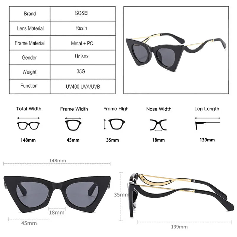 SO&amp;EI Fashion Unique Cat Eye Women Sunglasses Retro Colorful Eyewear Shades UV400 Men Candy Color Trending Glasses Frame