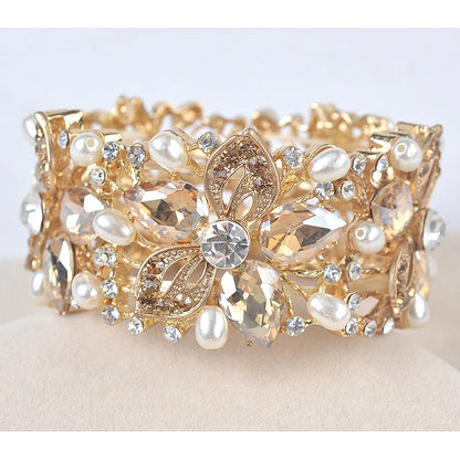 Luxury Champagne Color Crystal Pearl Cuff Bangles Bracelet