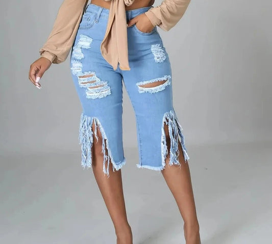Jeans Shorts with Holes Ripped Tassle Low Waist Elastic Flare Knee Length