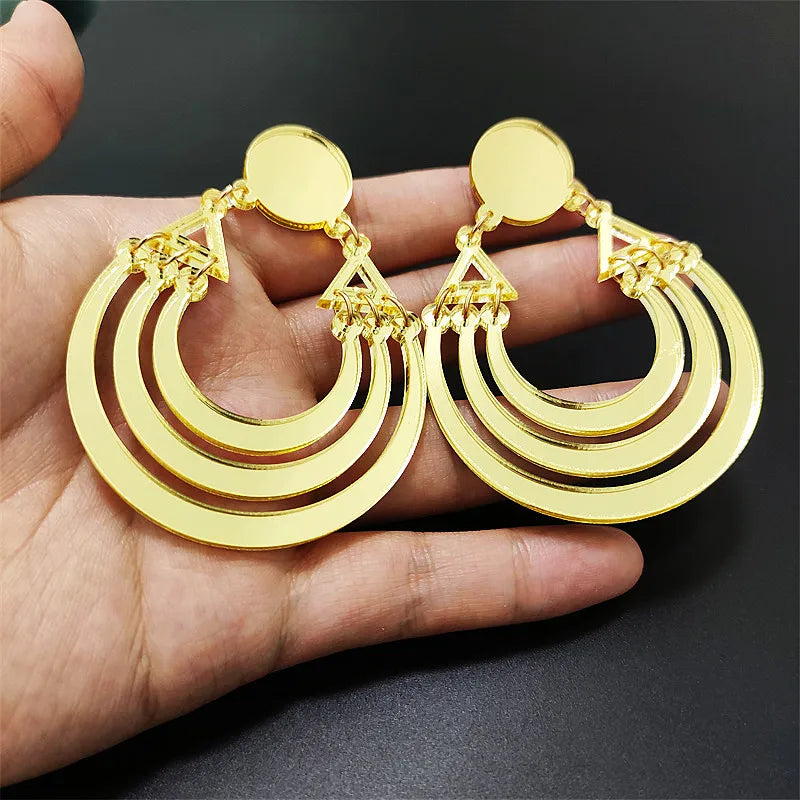 Golden Mirror Acrylic Round Geometric Large Drop Earrings