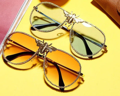 Diamond Trim Bee Retro Cat Eye Fashion Sunglasses