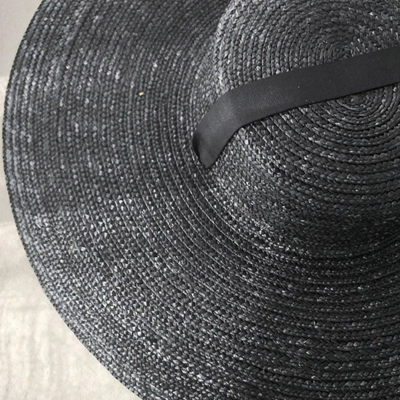 Large Wide Brim Flat Top Sun Straw Hat Fashionable Summer With Long Ribbon Hats For Women Holiday Vintage Beach Visor Cap Retro