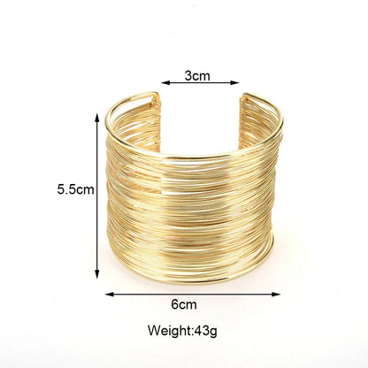 Punk Multilayer Metal Wires Strings Bracelets Bangles For Women Vintage Exaggerated Gold Color Wide Open Cuff Bangles Jewelry