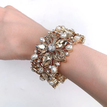 Luxury Champagne Color Crystal Pearl Cuff Bangles Bracelet