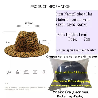 2021 winter fedora hats for women fashion Flat wide Brim Panama Wool Felt Jazz Fedora Hats for men Leopard goth top wedding Hat