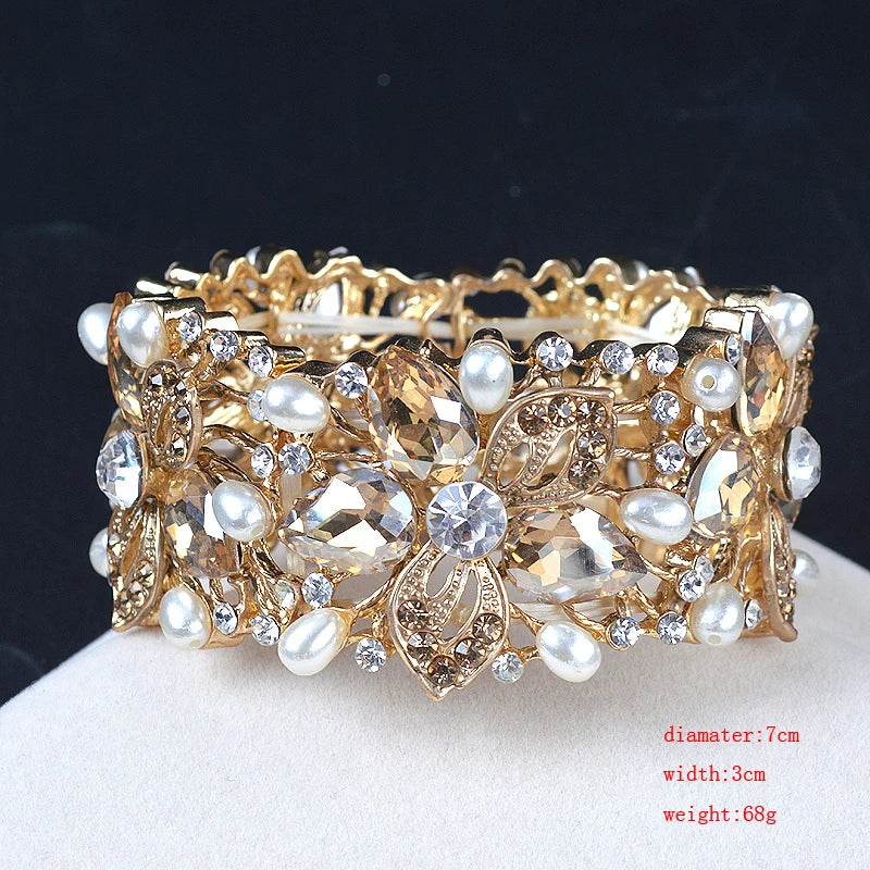 Luxury Champagne Color Crystal Pearl Cuff Bangles Bracelet