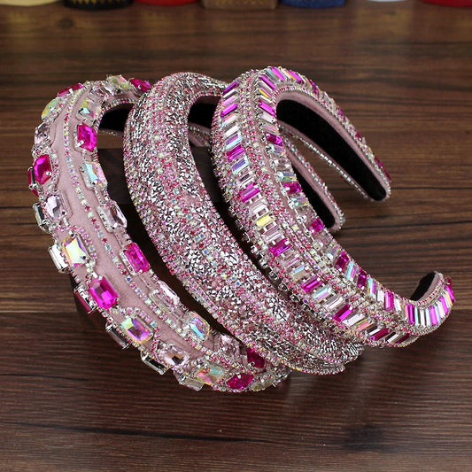 Sparkly Pink Full Crystal Princess Headbands Rhinestone Baroque