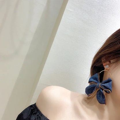 Elegant Women Fashion Crystal Denim Bow Earrings