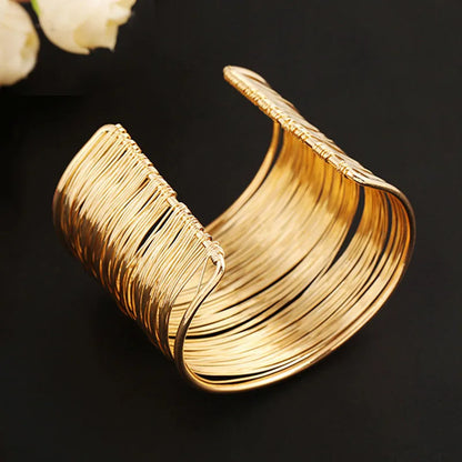 Punk Multilayer Metal Wires Strings Bracelets Bangles For Women Vintage Exaggerated Gold Color Wide Open Cuff Bangles Jewelry