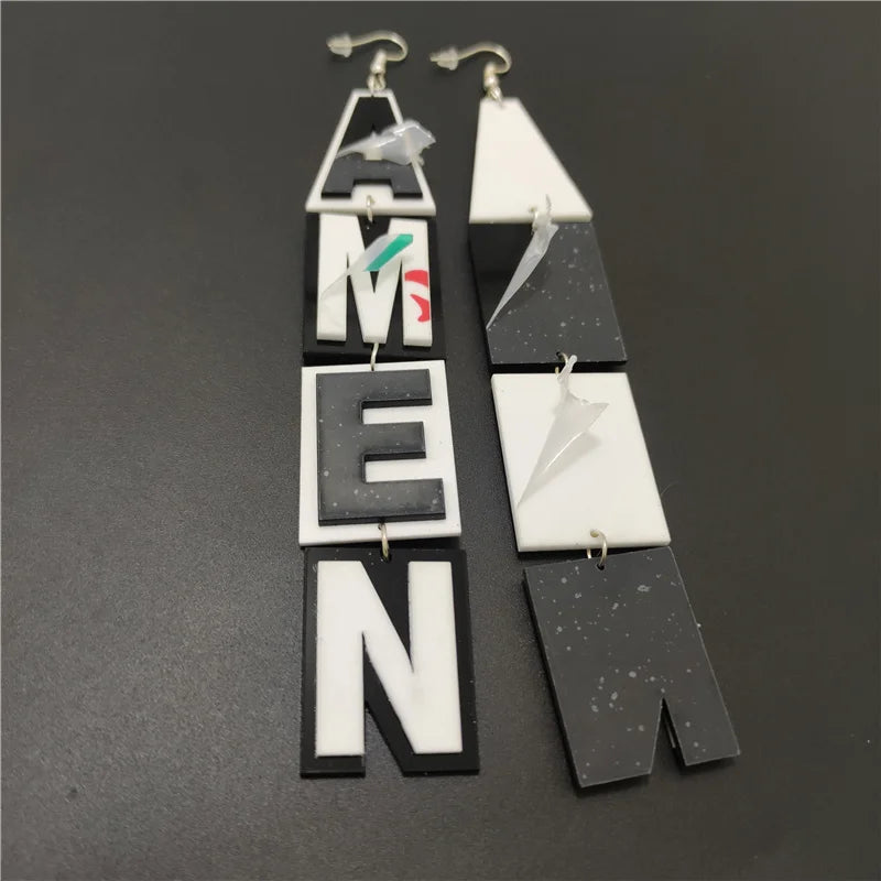 Long Dangle Earrings for Women Black and White Letter Acrylic AMEN