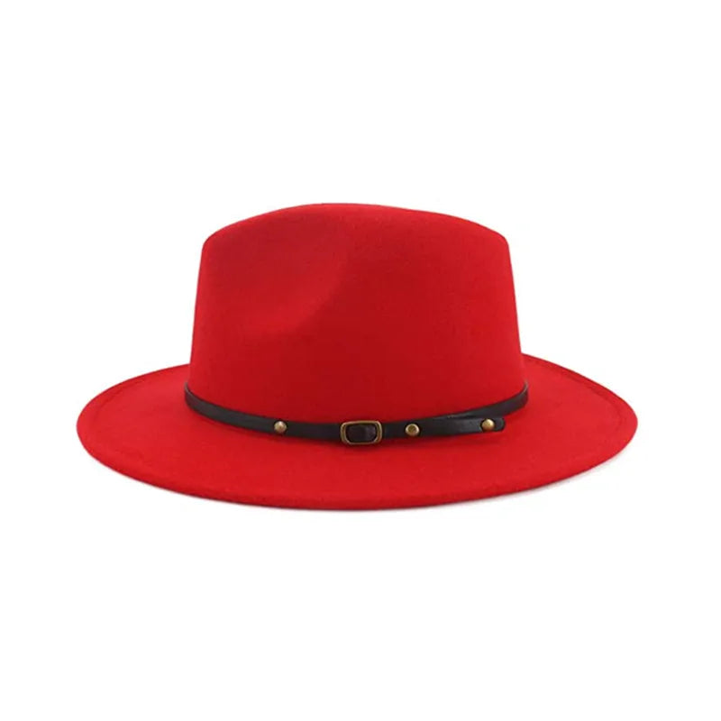 Elegant Wide Brim Women&#39;s Floppy Panama Hat Belt Buckle Wool Fedora Hat Men Jazz Hat Winter Spring RED/BLACK NEW ARRIVAL