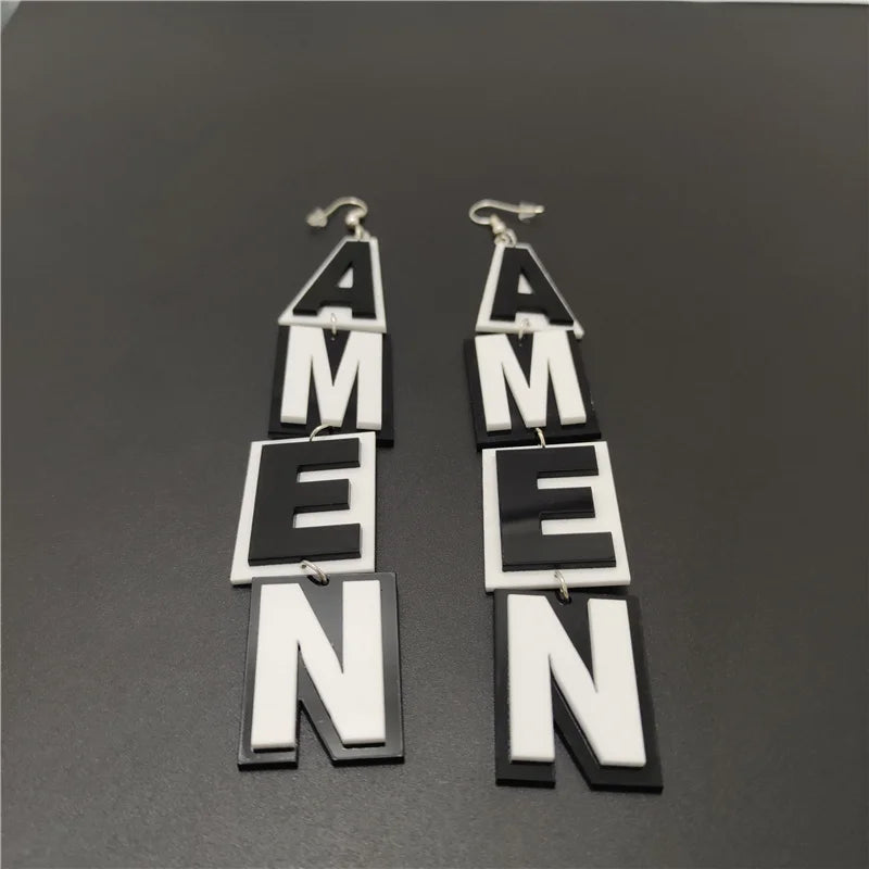 Long Dangle Earrings for Women Black and White Letter Acrylic AMEN