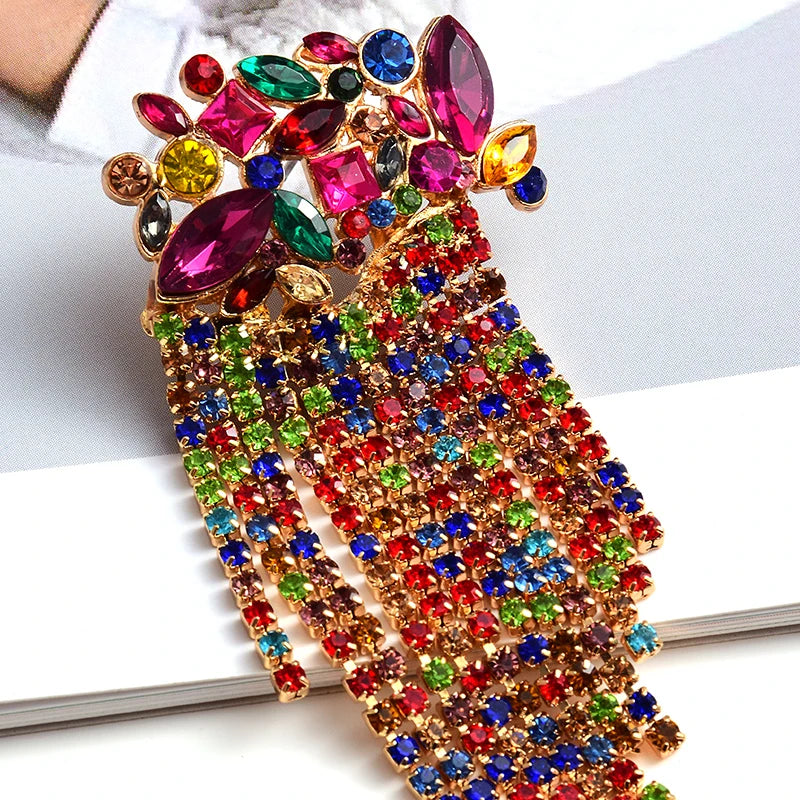 Long Colorful Crystal Chain Tassel Drop Earrings