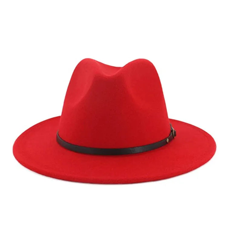 Elegant Wide Brim Women&#39;s Floppy Panama Hat Belt Buckle Wool Fedora Hat Men Jazz Hat Winter Spring RED/BLACK NEW ARRIVAL