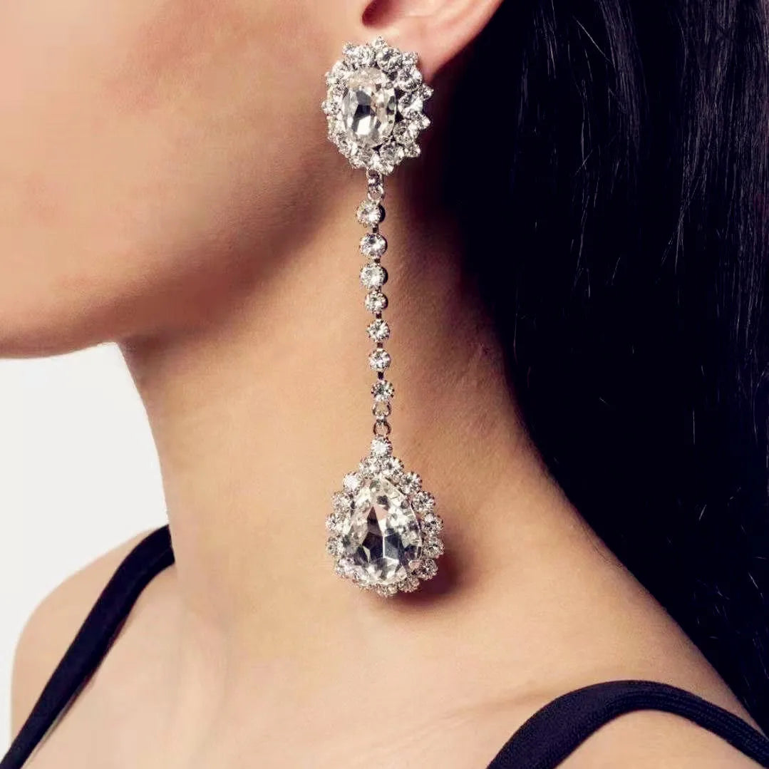 Gorgeous Shiny Rhinestone Water Drop Dangle Earrings For Women Fashion Jewelry Party Show Ladys' Statement Earrings Hot Sale