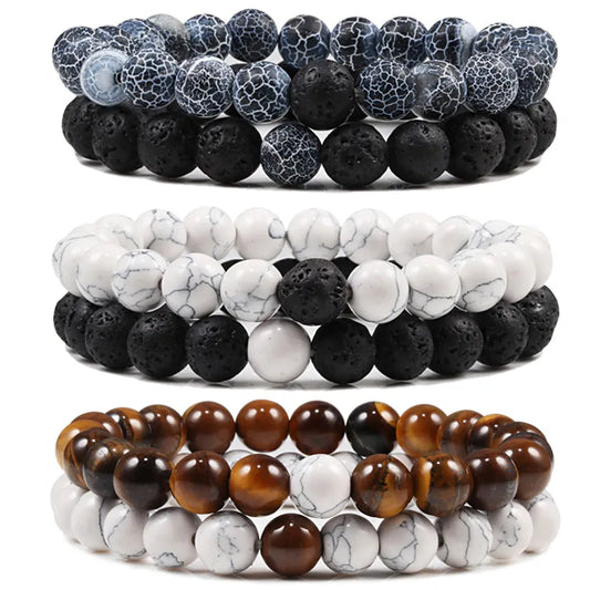 Set Bracelet Couples Distance Black White Natural Lava Stone Tiger Eye Beaded Bracelets