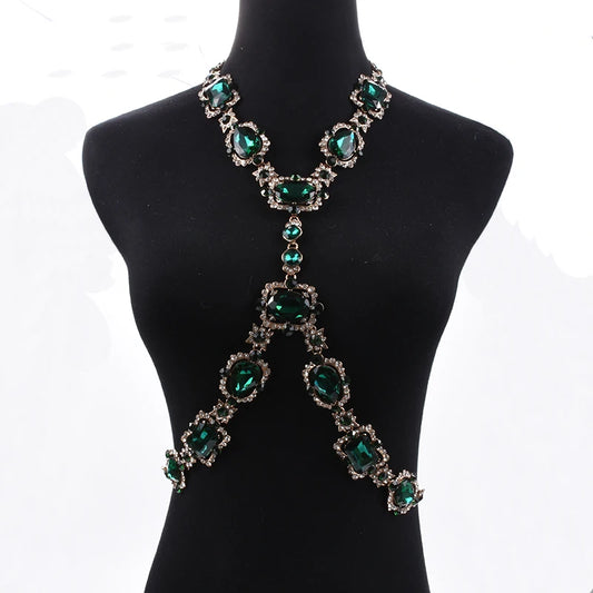 2024 New Fashion Large Glass Waist Chains Body Chains Necklace Jewelry Women Indian Statement Long Crystal Rhinestones Necklace