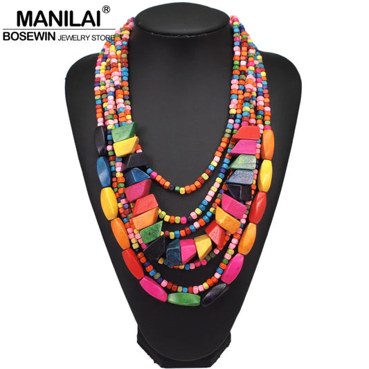 Bohemian Multilayer Wood Bead Choker Necklaces