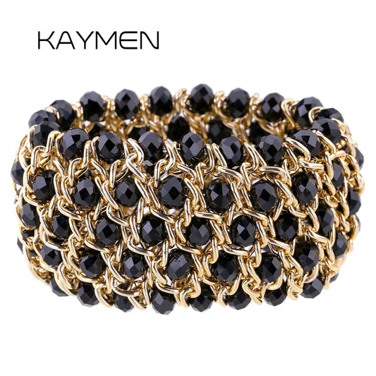 KAYMEN Fashion Statement Crystal Bracelet Elastic Bangle for Women Handmade Knitting Bib Chunky Bracelet Fashion Party Jewelry