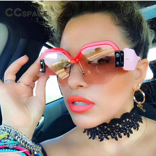 Square Sunglasses Women Cat Eye Rivet Half Frame Glasses Designer Fashion Shades