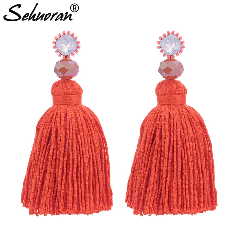 Sehuoran 2021 New Women Tassel Earrings Crystal Stone Bohemian Long Dangling Earrings For Women Orecchini Lunghi Oorbellen Gifts