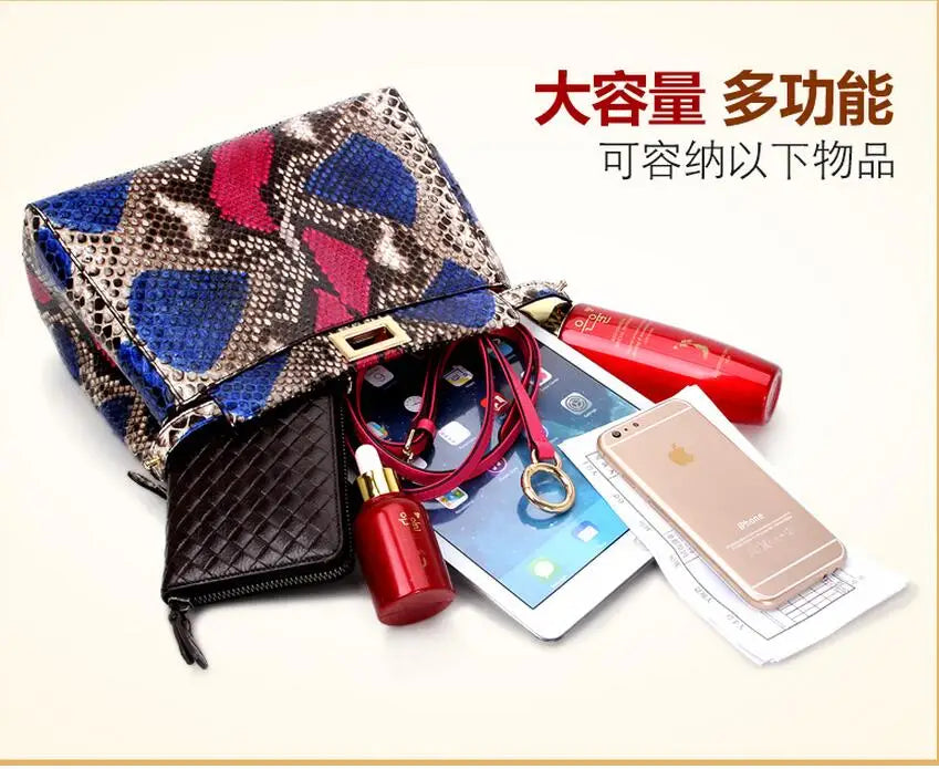 100% Genuine Python Snake Skin Bag Lady women Designer Handbag, Colorful Snake Leather Women Shoulder Bag