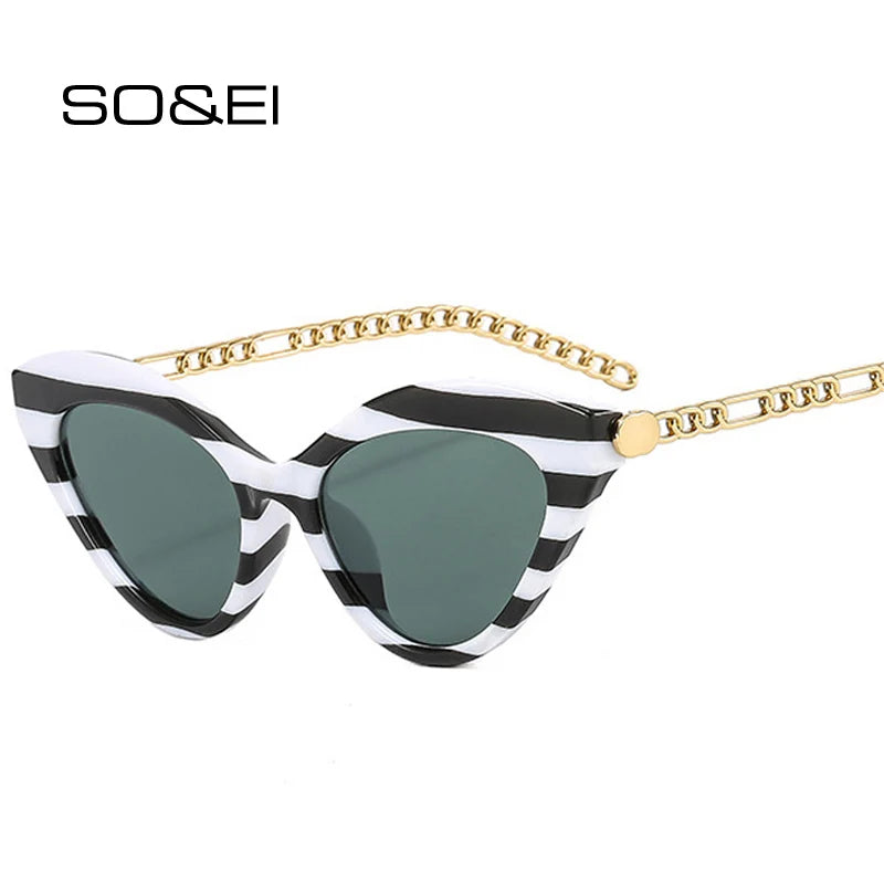 SO&EI Retro Cat Eye Colorful Sunglasses Women Brand Designer Trending Men Metal Chain Shades UV400 Dark Green Sun Glasses