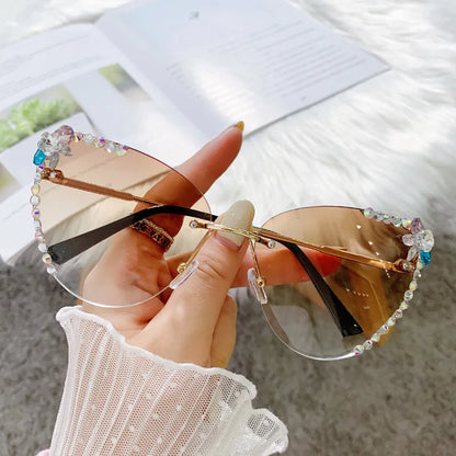 Luxury Rhinestone Bling Diamond Fashion Cat Eye Sunglasse Women 2021 Brand Desinger Vintage Sun Glasses Gradiend Pink Shades