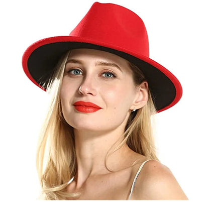 Elegant Wide Brim Women&#39;s Floppy Panama Hat Belt Buckle Wool Fedora Hat Men Jazz Hat Winter Spring RED/BLACK NEW ARRIVAL