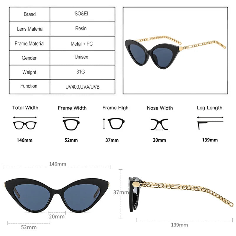 SO&EI Retro Cat Eye Colorful Sunglasses Women Brand Designer Trending Men Metal Chain Shades UV400 Dark Green Sun Glasses